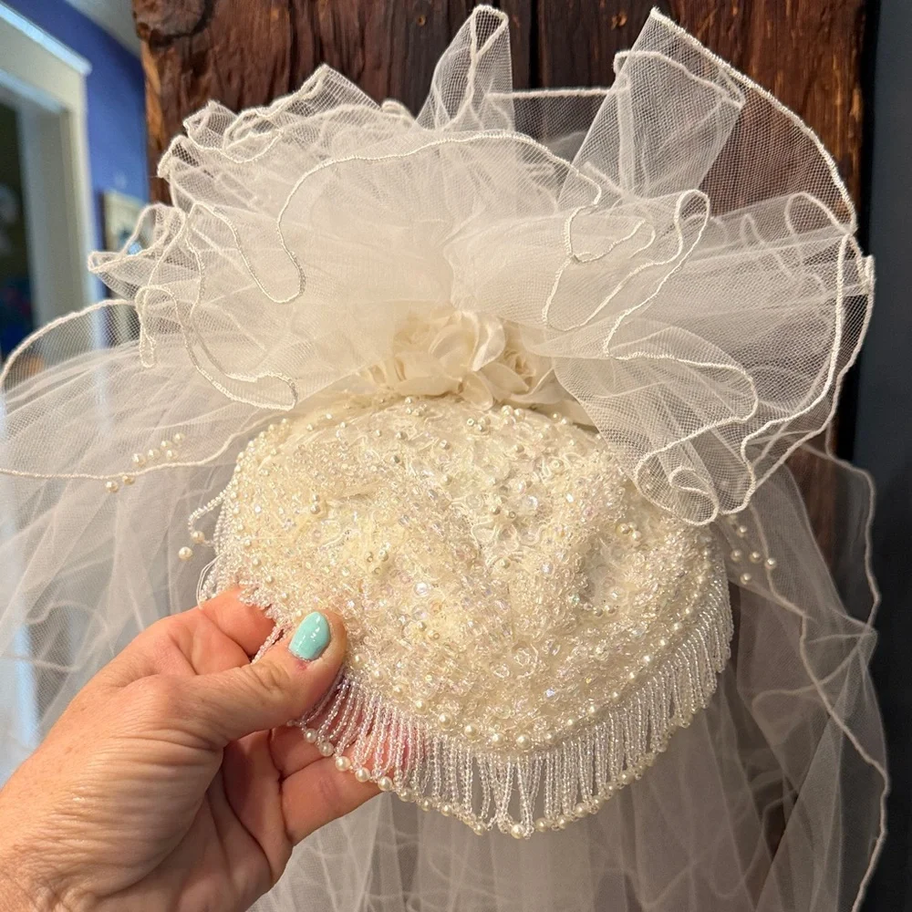 Ivory White Vintage Beaded Bridal Hairpiece/ Fascinator with toile Veil